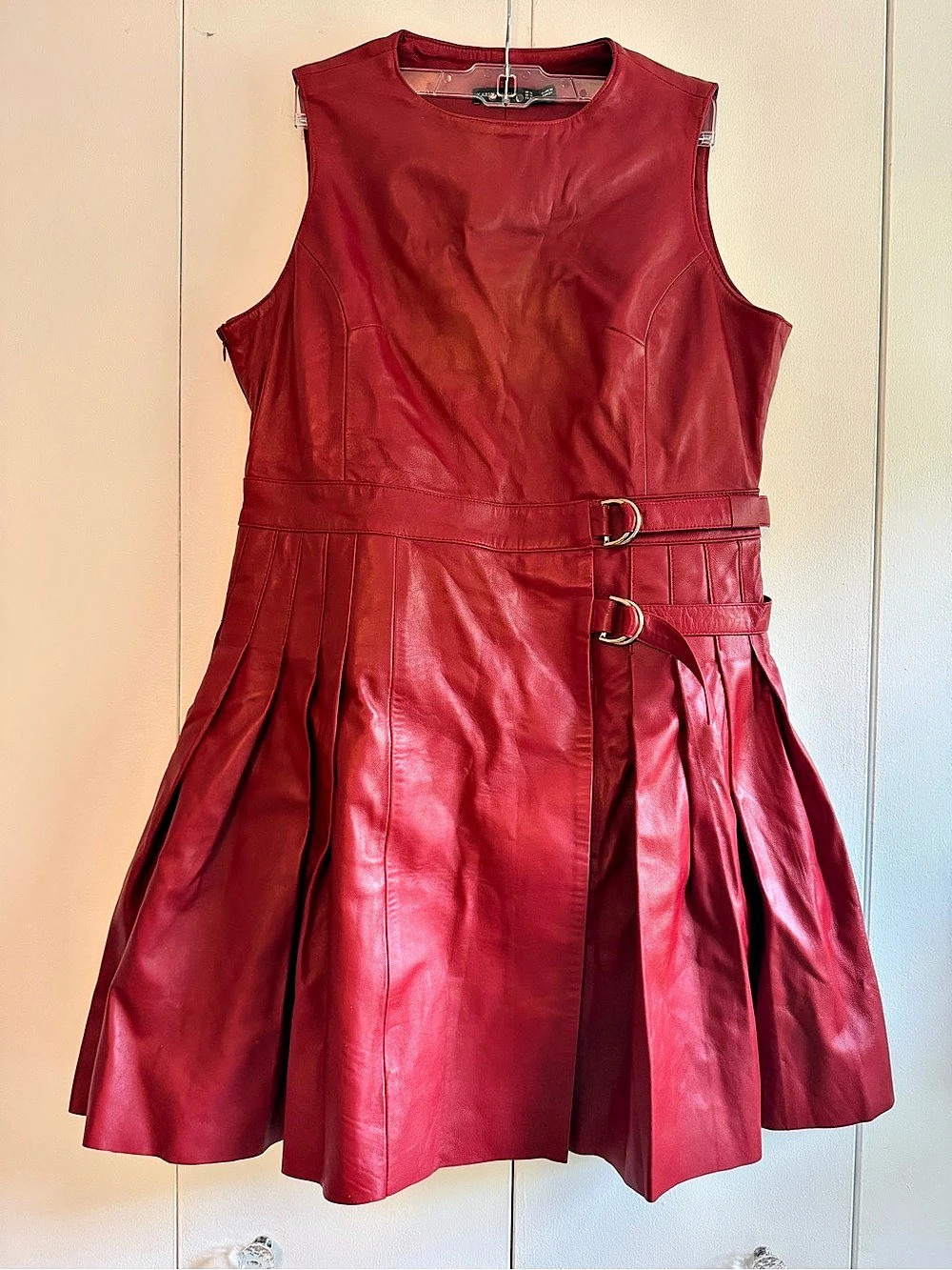 Karen Millen Leather Military Pleated Mini Dress Red US 16